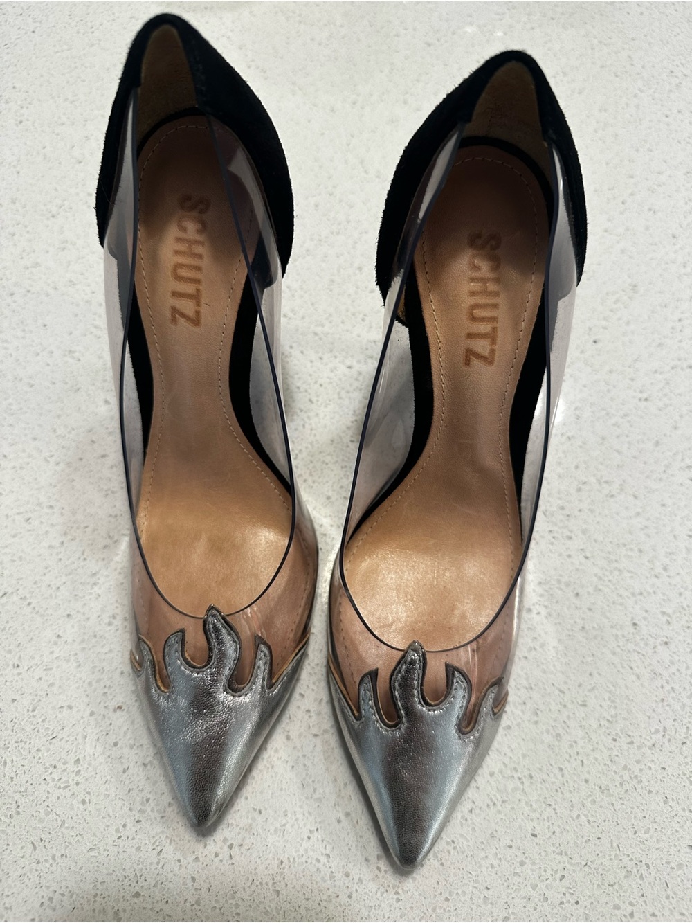 SCHUTZ Silver and Clear Pointed Toe Pumps with Black Trim